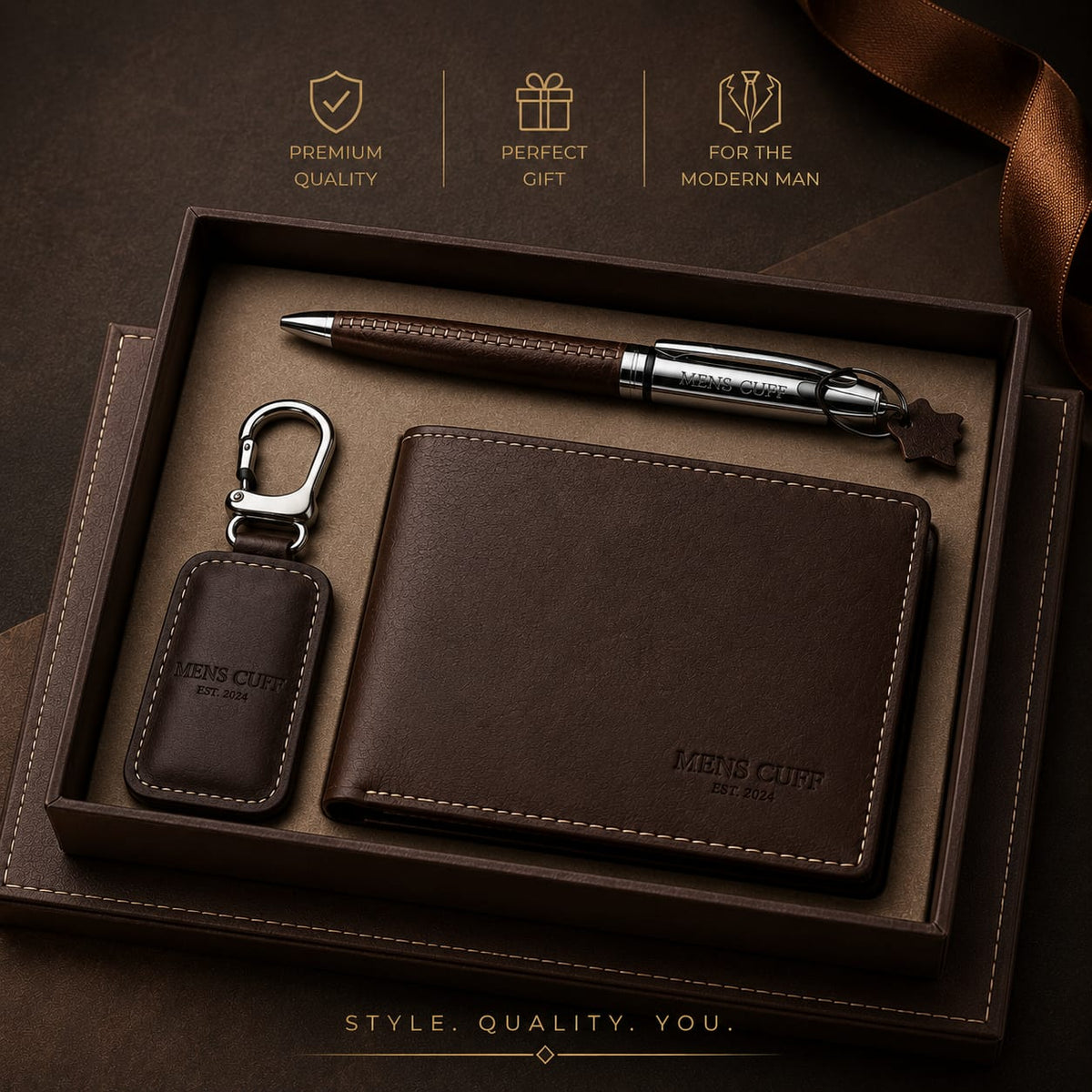 Premium Men's Leather Gift Set – Wallet, Pen & Keychain
