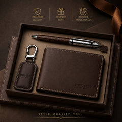 Premium Men's Leather Gift Set – Wallet, Pen & Keychain