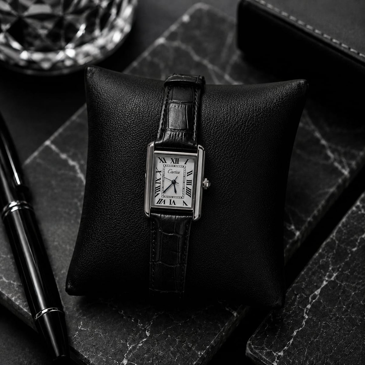 Classic Black Leather Rectangular Watch
