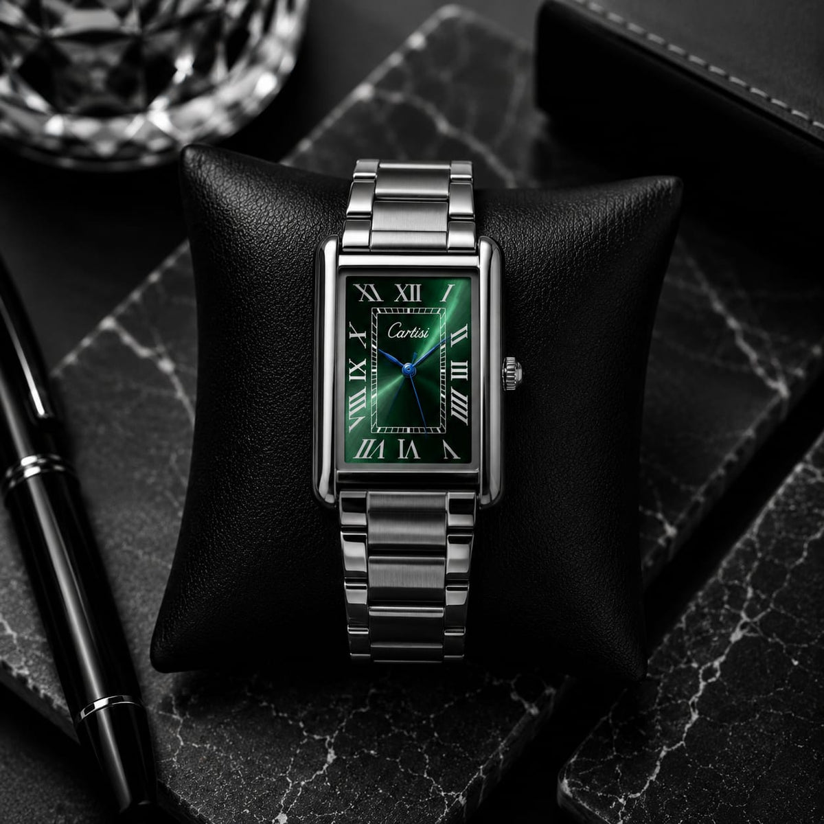 Cartisi Premium Green Dial Rectangular Stainless Steel Quartz Watch for Men